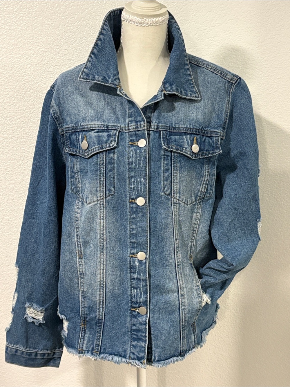 Source Unknown Distressed Blue Denim Jean Jacket